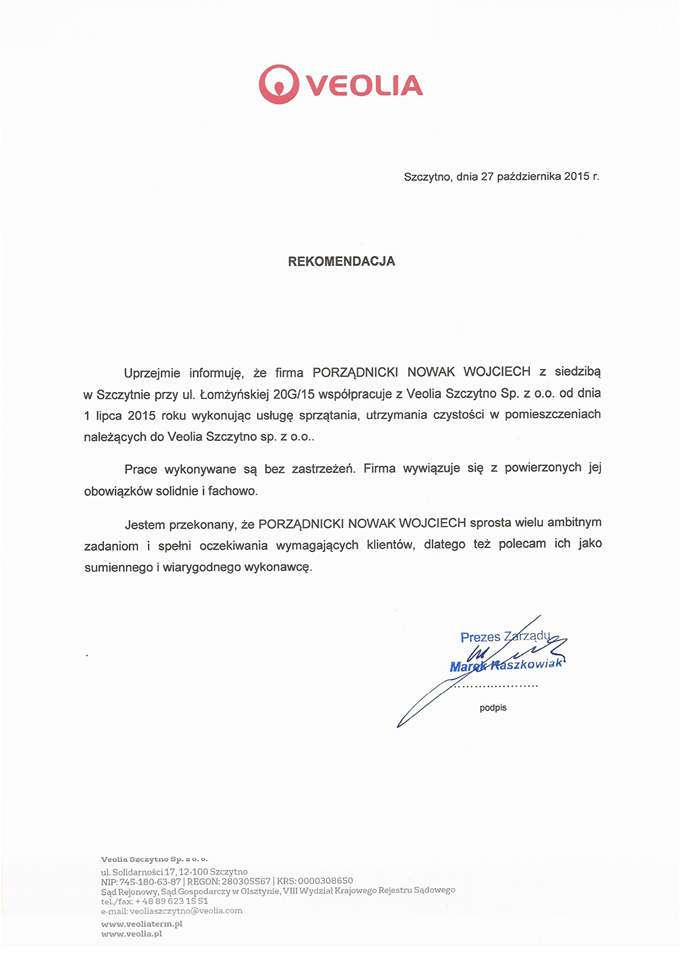 Rekomendacja za usługę sprzątania biur